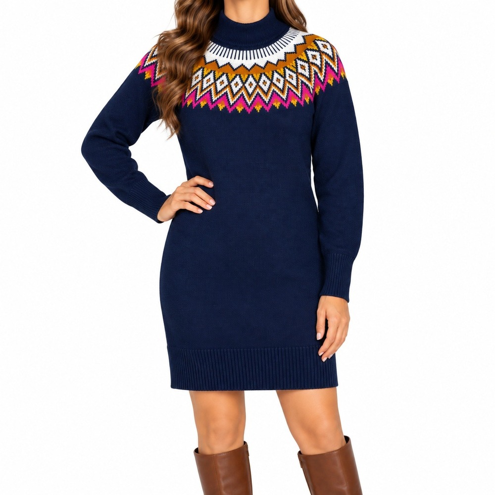 NWT Old Navy Sweater Dress Fair Isle Nordic Women XS Navy Blue Lost at Sea Chic